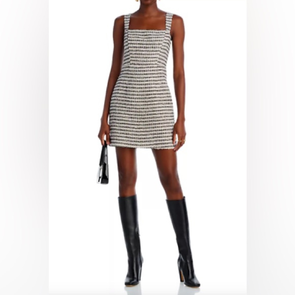 NWT - Aqua Bloomingdale’s Square Neck Pink and Black Tweed Mini Dress
